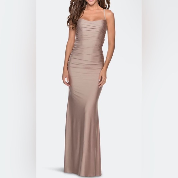 La Femme Ruched Trumpet Dress strappy back. - Picture 5 of 5